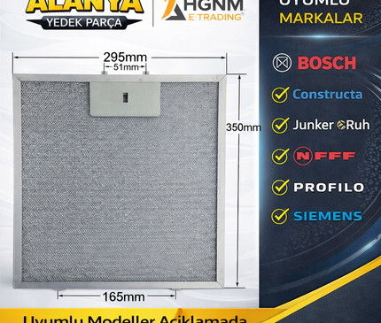 00703537 350x300 Uyumlu Davlumbaz Metal Yağ Filtresi 348x295 mm Bosch Siemens Neff Constructa Profilo Uyumlu