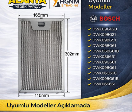 11004960 Davlumbaz Yağ Filtresi 302x165 mm Bosch: WK09G620, DWK098G21, DWK098G51, DWK068G61, DWK068G61B, DWK068G51, DWK09G661, DWK098G61, DWK06G660, DWK098G61B, DWK06G661, DWK068G21