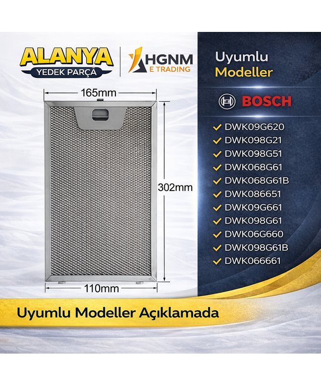 11004960 Davlumbaz Yağ Filtresi 302x165 mm Bosch: WK09G620, DWK098G21, DWK098G51, DWK068G61, DWK068G61B, DWK068G51, DWK09G661, DWK098G61, DWK06G660, DWK098G61B, DWK06G661, DWK068G21