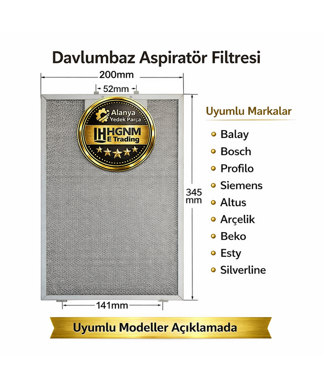11010157 Davlumbaz Aspiratör Metal Yağ Filtresi 345x200 mm – Beko, Bosch, Siemens, Arçelik, Silverline, Profilo Uyumlu