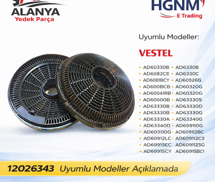 Davlumbaz Karbon Filtre 12026343 Vestel: AD60330B, AD60330S, AD6081BC, AD6081BCY, AD60041RB, AD60041RS, AD93320B, AD93320G, AD93320S, AD63330B, AD63330G, AD63330S, AD63340B, AD63340G, AD63340S, AD609011BC, AD609112BC, AD609112GC, AD609112SC, AD6091SCY