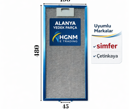 190x480 mm Simfer Çetinkaya Uyumlu Aspiratör Davlumbaz Yağ Filtresi 19x48 cm Metal Filtre Alt Üst Tırnak Aralığı 4,5 cm