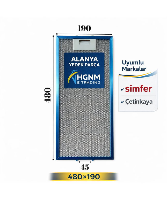 190x480 mm Simfer Çetinkaya Uyumlu Aspiratör Davlumbaz Yağ Filtresi 19x48 cm Metal Filtre Alt Üst Tırnak Aralığı 4,5 cm