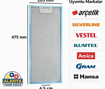 Arçelik P180 Yi 20,5x47,6 cm Metal Yağ Filtresi - Davlumbaz Aspiratör Filtresi 475x205 mm 8906510200, 9190602001