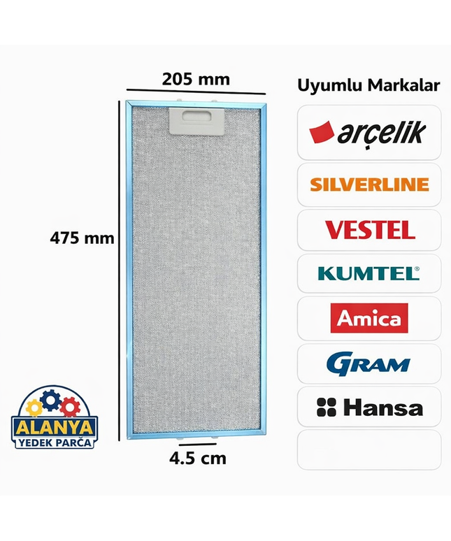 Arçelik P180 Yi 20,5x47,6 cm Metal Yağ Filtresi - Davlumbaz Aspiratör Filtresi 475x205 mm 8906510200, 9190602001
