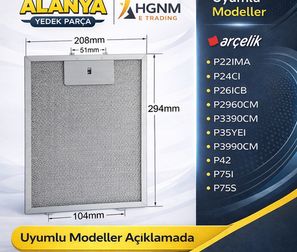 208×295 mm Davlumbaz Filtresi 9188437001 20,8×29,5 CM Arçelik P22IMA, P24CI, P26ICB, P2960CM, P3390CM, P35YEI, P3990cm, P42, P75I, P75S