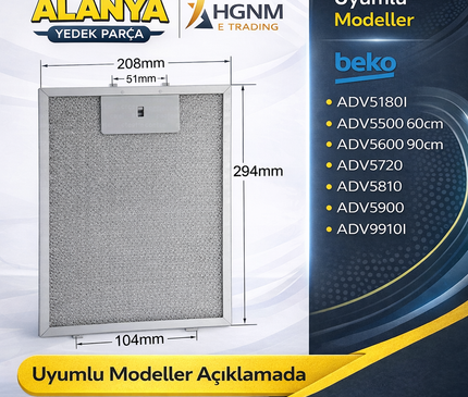 208×295 mm Davlumbaz Filtresi 9188437001 20,8×29,5 CM Beko ADV5180I, ADV5500 60cm, ADV5600 90cm, ADV5720, ADV5810, ADV5900, ADV9910I