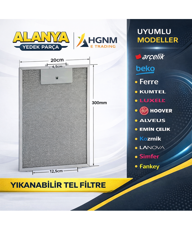 20x30 cm Aspiratör Davlumbaz Yağ Filtresi – 200x300 mm Alüminyum Tel Filtre, 12.5 cm Alt Tırnak Arası, Yıkanabilir Metal Davlumbaz Filtresi Uyumlu Yedek Parça
