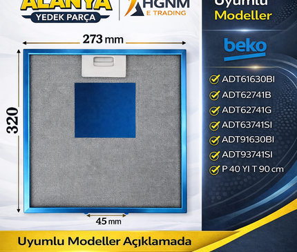 27.3X32.1 cm davlumbaz yağ filtresi 275x320 Beko:  ADT61630BI, ADT62741B, ADT62741G, ADT63741SI, ADT91630BI, ADT93741SI
