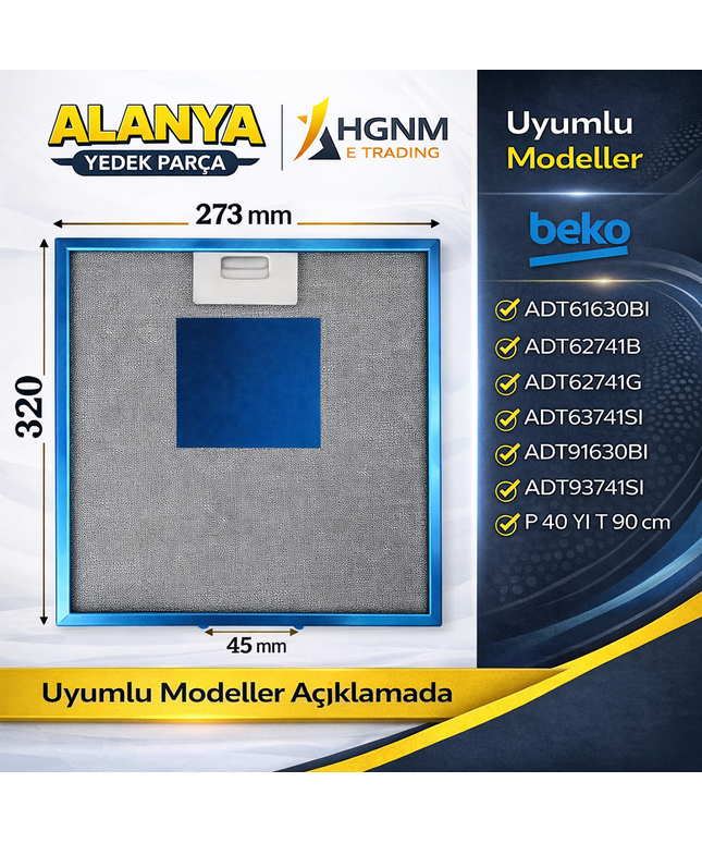 27.3X32.1 cm davlumbaz yağ filtresi 275x320 Beko:  ADT61630BI, ADT62741B, ADT62741G, ADT63741SI, ADT91630BI, ADT93741SI