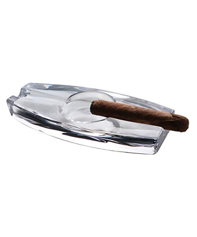 Pasabahce Crystal Glass Cigar Ashtray for Patio, Heavy, Handmade, Luxury, Outdoor, Indoor, Home, Office (Long with 2 Holders)