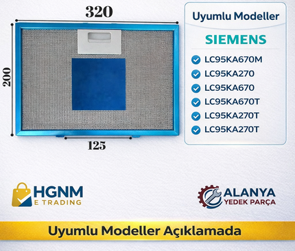 320x200 mm Davlumbaz Metal Yağ Filtresi 11010164 20x32 mm Siemens: LC95KA670M, LC95KA270, LC95KA670, LC95KA670T, LC95KA270T