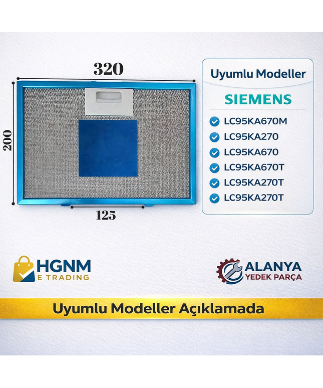 320x200 mm Davlumbaz Metal Yağ Filtresi 11010164 20x32 mm Siemens: LC95KA670M, LC95KA270, LC95KA670, LC95KA670T, LC95KA270T