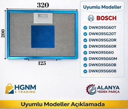 320x200 mm Davlumbaz Metal Yağ Filtresi 11010164 Bosch: DWK095G60T, DWK095G20T, DWK095G20R, DWK095G60R, DWK095G60, DWK095G60M, DWK095G60B