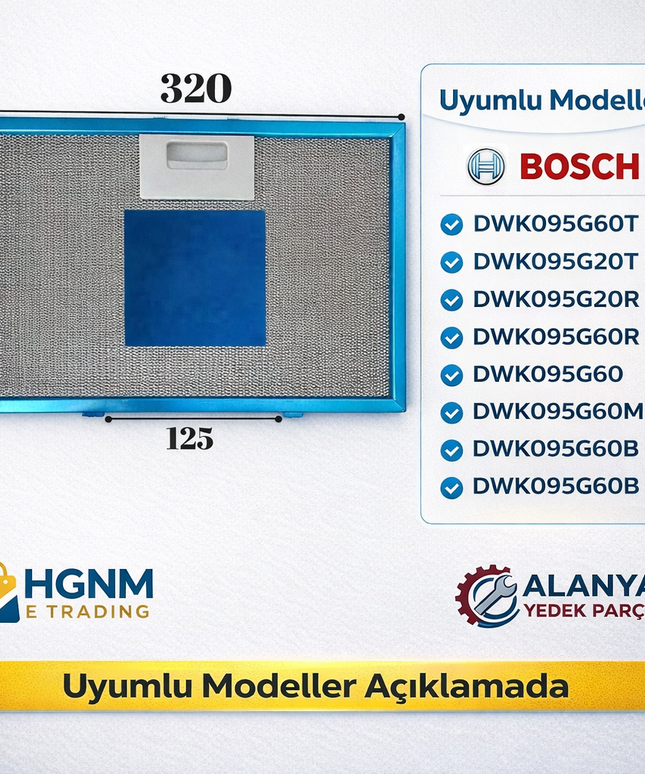 320x200 mm Davlumbaz Metal Yağ Filtresi 11010164 Bosch: DWK095G60T, DWK095G20T, DWK095G20R, DWK095G60R, DWK095G60, DWK095G60M, DWK095G60B