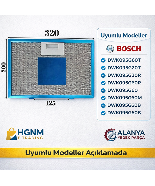 320x200 mm Davlumbaz Metal Yağ Filtresi 11010164 Bosch: DWK095G60T, DWK095G20T, DWK095G20R, DWK095G60R, DWK095G60, DWK095G60M, DWK095G60B