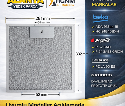 330x280 mm Davlumbaz Yağ Filtresi Metal Alüminyum Beko: ADA 91844 BI, HCI91845BXH  Arçelik: P 52 SAEI, P 54 SAES GRION  Leisure: PDLA 90 ES  Grundig: DAVLUMBAZ PROTOTIP URUN