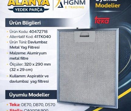 40472718 - Davlumbaz için metal yağ filtresi, 320 x 290 mm, Teka DE70, DB70, DS70, Stella CWX108.900, Vinola CWX108.900 29 x 32