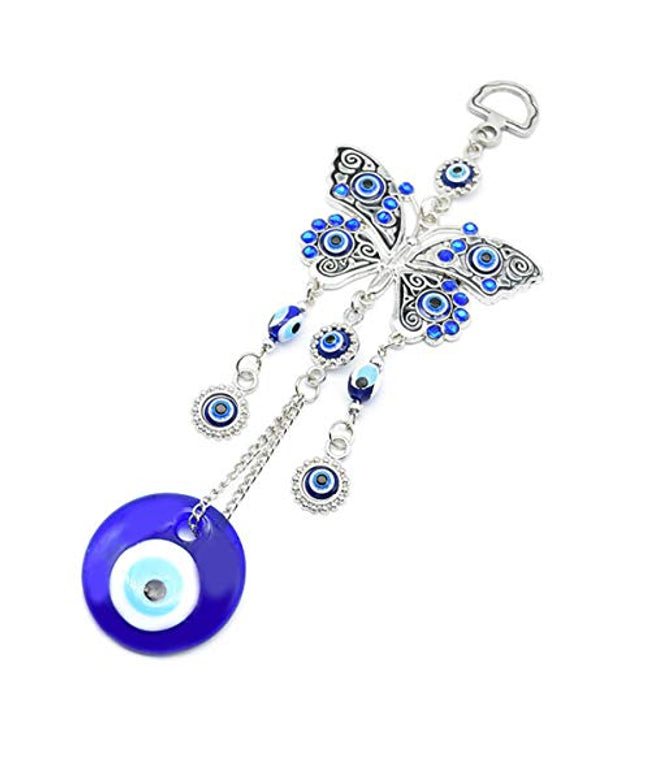 Turkish Blue Evil Eye (Nazar) Butterfly Amulet with Blue Rhinestone Car Charm Rear View Mirror