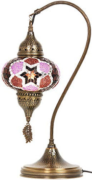 Turkish Moroccan Tiffany Style Handmade Colorful Mosaic Table Desk Bedside Night Swan Neck Lamp Light Lampshade with Hammered Metal Body and Hanging Metal Leaf, Turquoise, 19"