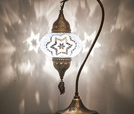 Turkish Moroccan Tiffany Style Handmade Colorful Mosaic Table Desk Bedside Night Swan Neck Lamp Light Lampshade with Hammered Metal Body and Hanging Metal Leaf, Turquoise, 19"