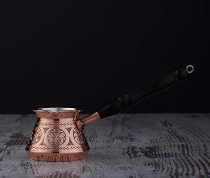 9 Oz Thick 2mm Copper Turkish Greek Arabic Engraved Coffee Pot Stovetop Coffee Maker Cezve Ibrik Briki with Wooden Handle & Wooden Pot Spoon, for 3 People (Copper)
