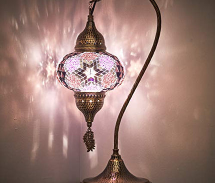 Turkish Moroccan Tiffany Style Handmade Colorful Mosaic Table Desk Bedside Night Swan Neck Lamp Light Lampshade with Hammered Metal Body and Hanging Metal Leaf, Turquoise, 19"