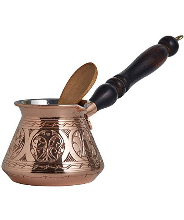 9 Oz Thick 2mm Copper Turkish Greek Arabic Engraved Coffee Pot Stovetop Coffee Maker Cezve Ibrik Briki with Wooden Handle & Wooden Pot Spoon, for 3 People (Copper)