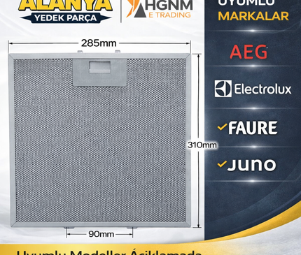 50288851004 Davlumbaz Yağ Filtresi 310x285 mm Alüminyum Aspiratör Filtresi AEG Electrolux Faure Juno Uyumlu