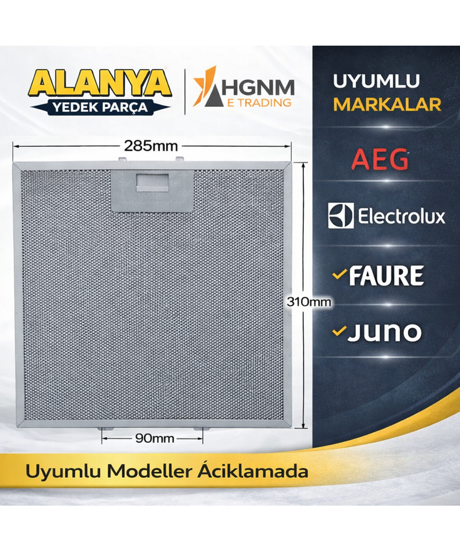 50288851004 Davlumbaz Yağ Filtresi 310x285 mm Alüminyum Aspiratör Filtresi AEG Electrolux Faure Juno Uyumlu
