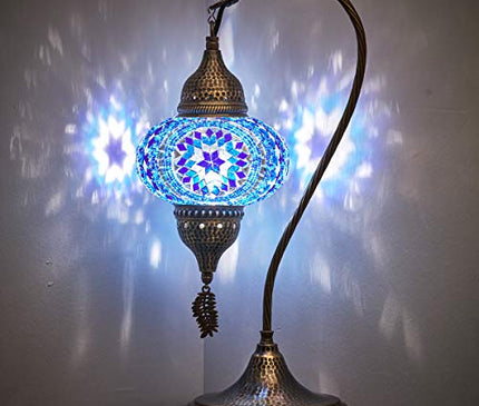 Turkish Moroccan Tiffany Style Handmade Colorful Mosaic Table Desk Bedside Night Swan Neck Lamp Light Lampshade with Hammered Metal Body and Hanging Metal Leaf, Turquoise, 19"