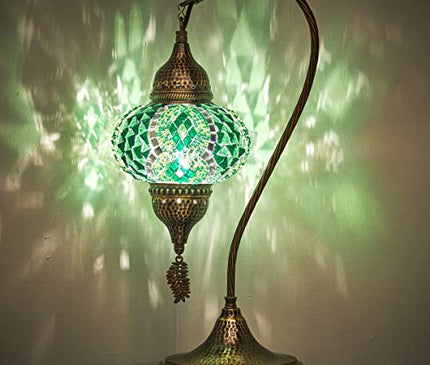 Turkish Moroccan Tiffany Style Handmade Colorful Mosaic Table Desk Bedside Night Swan Neck Lamp Light Lampshade with Hammered Metal Body and Hanging Metal Leaf, Turquoise, 19"