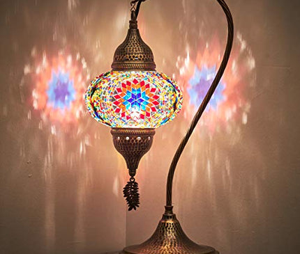 Turkish Moroccan Tiffany Style Handmade Colorful Mosaic Table Desk Bedside Night Swan Neck Lamp Light Lampshade with Hammered Metal Body and Hanging Metal Leaf, Turquoise, 19"