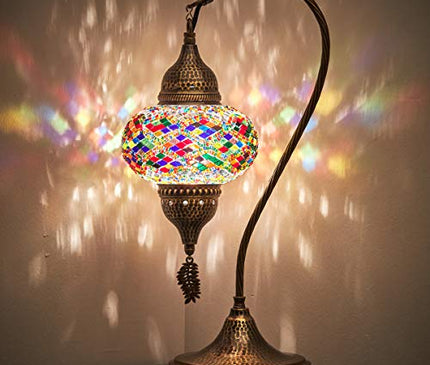 Turkish Moroccan Tiffany Style Handmade Colorful Mosaic Table Desk Bedside Night Swan Neck Lamp Light Lampshade with Hammered Metal Body and Hanging Metal Leaf, Turquoise, 19"