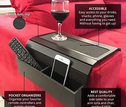 Sofa Tray Table with EVA Base. Remote Control and Cellphone Organizer Holder, Arm Rest Organizer, Arm Rest Table with Pockets. Fits Over Square Chair arms. (Dark Brown/Tobacco