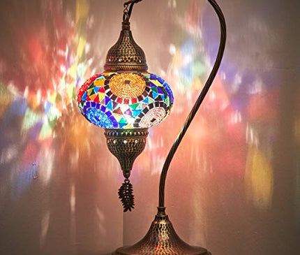 Turkish Moroccan Tiffany Style Handmade Colorful Mosaic Table Desk Bedside Night Swan Neck Lamp Light Lampshade with Hammered Metal Body and Hanging Metal Leaf, Turquoise, 19"