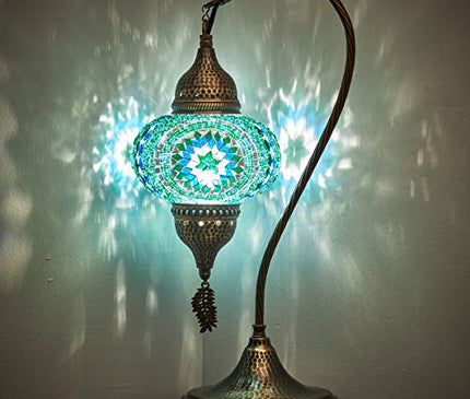 Turkish Moroccan Tiffany Style Handmade Colorful Mosaic Table Desk Bedside Night Swan Neck Lamp Light Lampshade with Hammered Metal Body and Hanging Metal Leaf, Turquoise, 19"