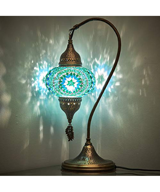 Turkish Moroccan Tiffany Style Handmade Colorful Mosaic Table Desk Bedside Night Swan Neck Lamp Light Lampshade with Hammered Metal Body and Hanging Metal Leaf, Turquoise, 19"