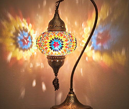 Turkish Moroccan Tiffany Style Handmade Colorful Mosaic Table Desk Bedside Night Swan Neck Lamp Light Lampshade with Hammered Metal Body and Hanging Metal Leaf, Turquoise, 19"
