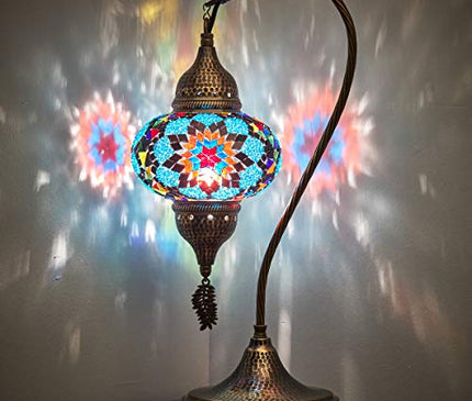 Turkish Moroccan Tiffany Style Handmade Colorful Mosaic Table Desk Bedside Night Swan Neck Lamp Light Lampshade with Hammered Metal Body and Hanging Metal Leaf, Turquoise, 19"