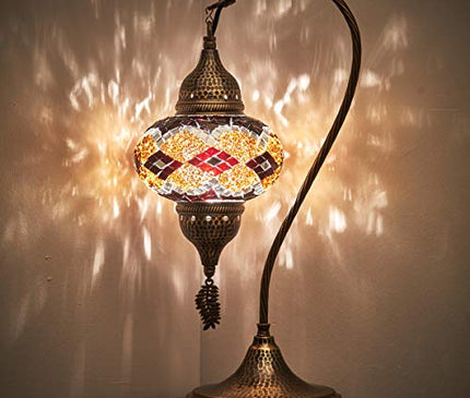 Turkish Moroccan Tiffany Style Handmade Colorful Mosaic Table Desk Bedside Night Swan Neck Lamp Light Lampshade with Hammered Metal Body and Hanging Metal Leaf, Turquoise, 19"