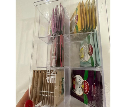 Deluxe Acrylic Tea Box Organizer: A Multifunctional Storage Solution with Six Compartments for Tea Bags, Coffee, Teacup, Infuser, and Lid - Perfect for Home and Kitchen Use