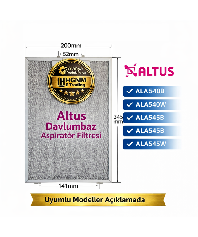 Altus ALA 540B, ALA540W, ALA545B, ALA545W Davlumbaz Aspiratör Filtresi 345x200mm – 11010157  Süzgeç, Tel, Kaset, Filtre