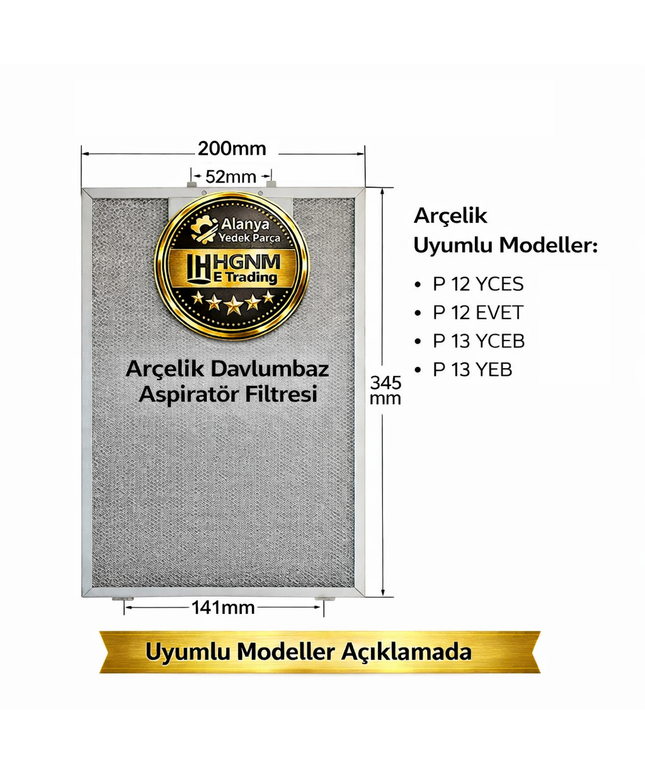 Arçelik  P 12 YCES, P 12 EVET, P 13 YCEB, P 13 YEB  Uyumlu Davlumbaz Aspiratör Filtresi 345x200mm – 11010157