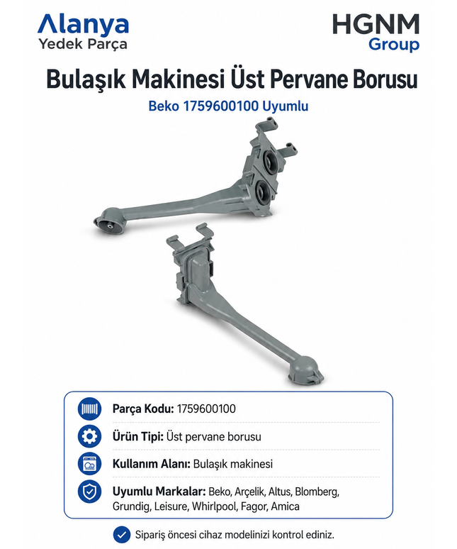 Beko 1759600100 Üst Pervane Borusu Whirlpool Fagor Arçelik Amica Uyumlu Bulaşık Makinesi Parçası Tek