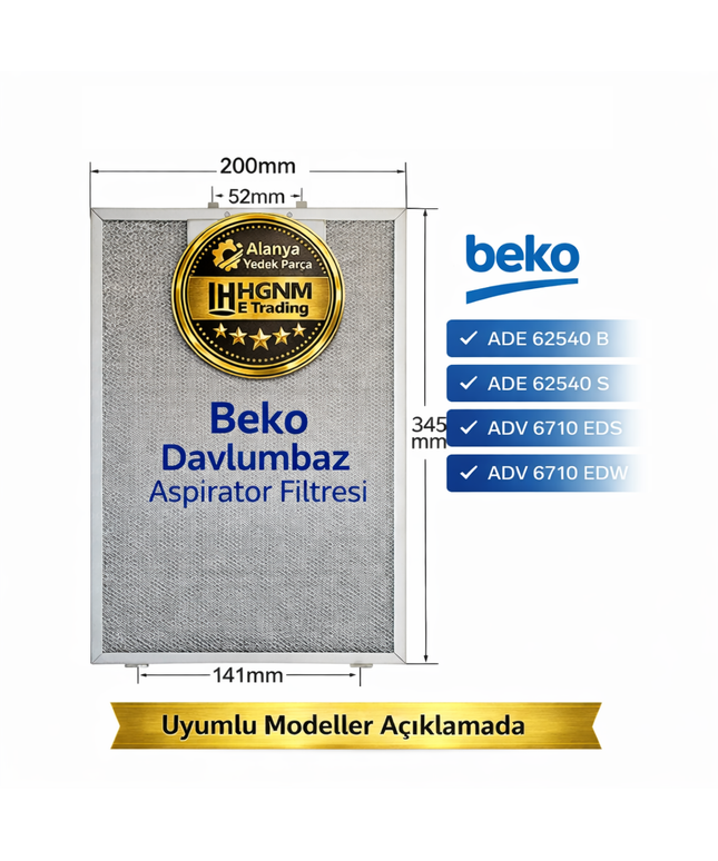Beko ADE 62540 B, ADE 62540 S, ADV 6710 EDS, ADV 6710 EDW Davlumbaz Aspiratör Filtresi 345x200mm – 11010157  Süzgeç, Tel, Kaset, Filtre