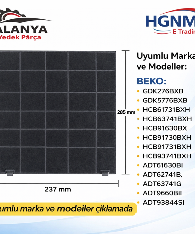 Beko / Grundig Davlumbaz Karbon Filtresi 165730006 Uyumlu – 285x237x9 mm Aktif Karbon Davlumbaz Filtresi – Beko, Grundig, Arçelik, Altus Aspiratör Karbon Filtre