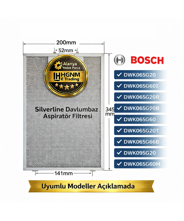 Bosch DWK065G20, DWK065G60I, DWK065G20R, DWK065G60B, DWK065G60T, DWK065G60R, DWK065G60, DWK065G20T, DWK065G66R, DWK095G20, DWK065G60M Davlumbaz Aspiratör Filtresi 345x200mm – 11010157  Süzgeç, Tel, Kaset, Filtre