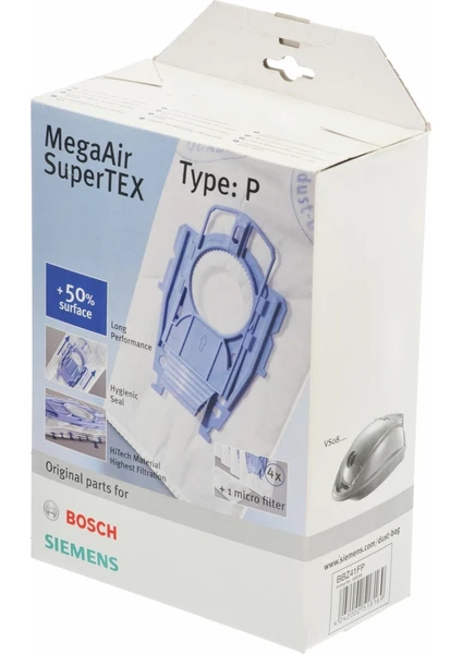 Bosch Ergomaxx Elektrikli Süpürge P Tipi Toz Torbası – Megafilt Supertex, Orijinal, 4’lü Set + Filtre