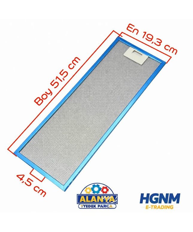 19,5x51,5 cm Davlumbaz Yağ Filtresi | 195x515 mm Alüminyum Aspiratör Filtresi 515x195 | Klipsli 4,5